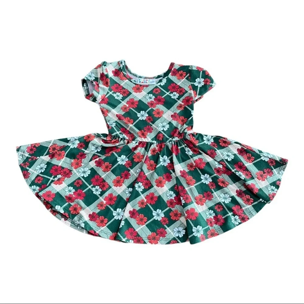 Dot Dot Smile Red & Green Floral Plaid Christmas Holiday Cap Dress